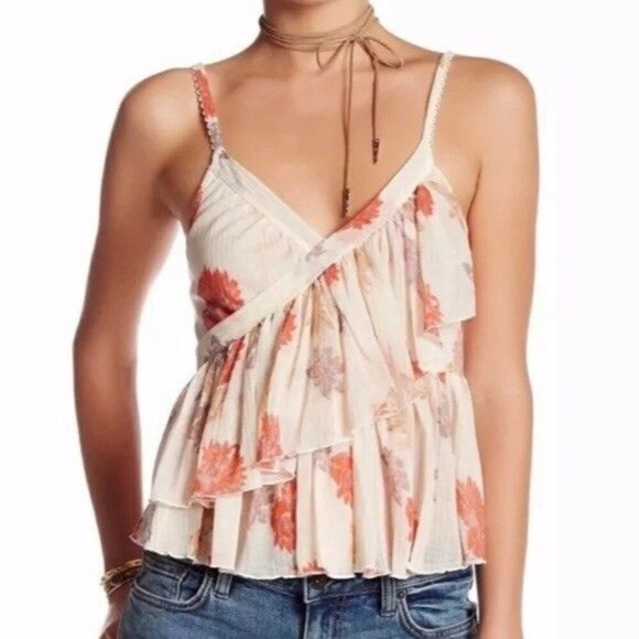 Free People Melbourne Ruffle Ribbed Tank Frilly Floral Tiered Fairy Size Medium - Picture 1 of 8
